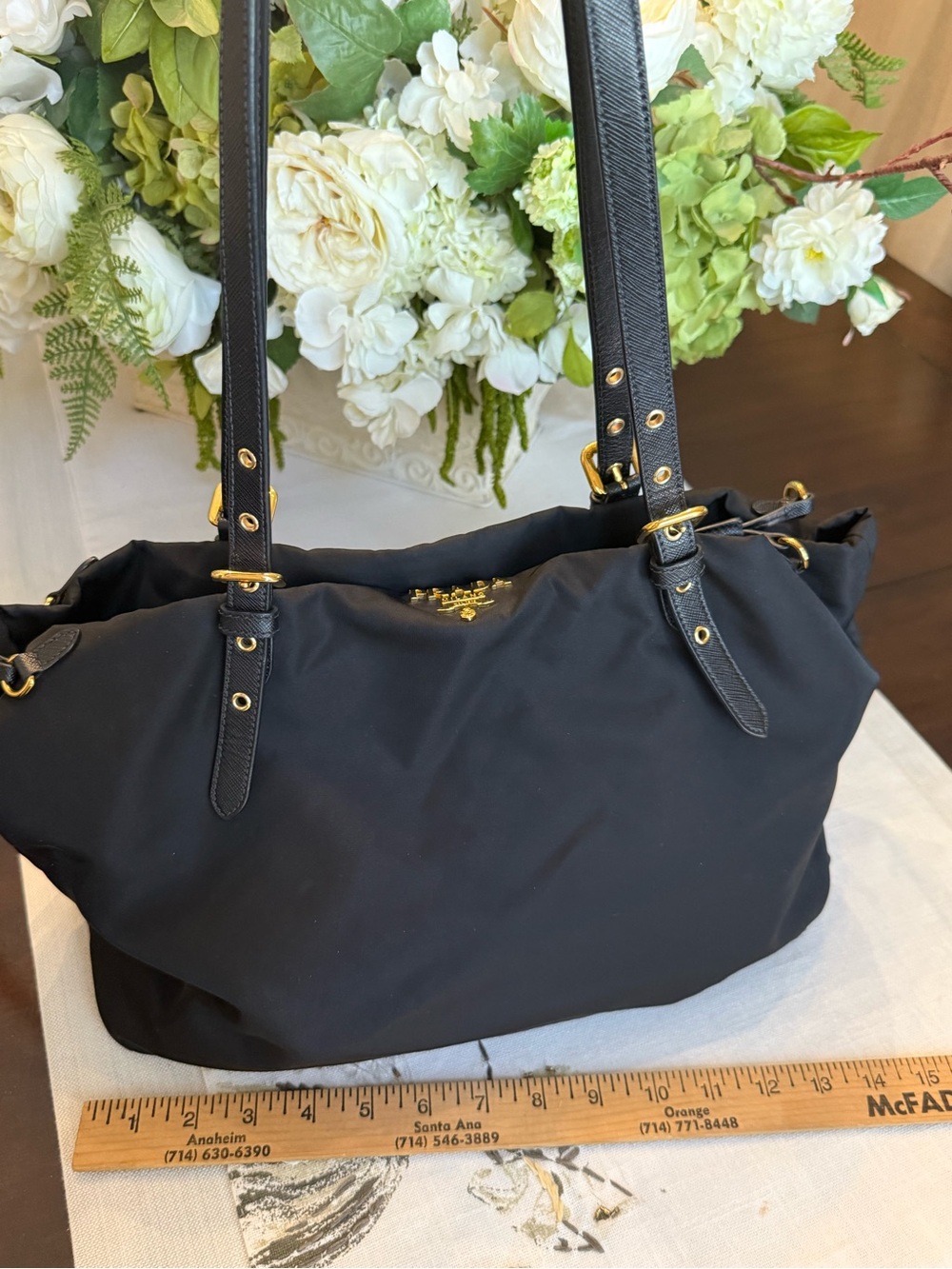 Black Nylon Tote with Gold Hardware - Leather Strap Shoulder Bag - Picture 1 of 8